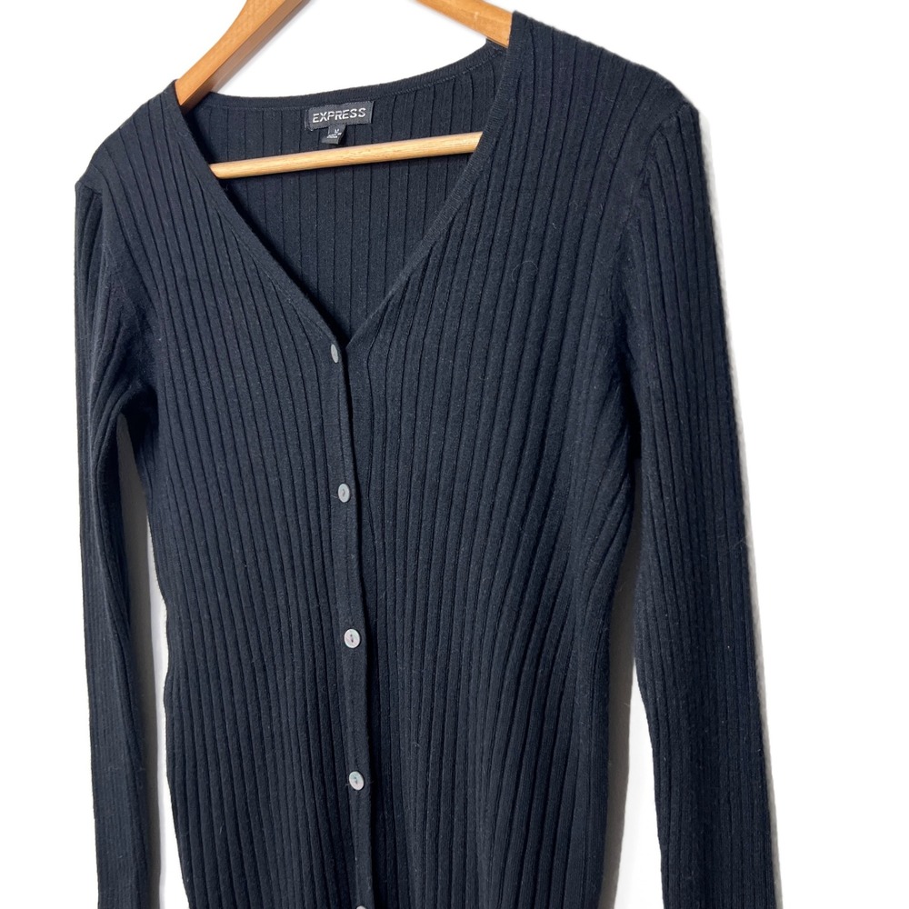 EXPRESS Black Ribbed V Neck Button Up Long Sleeve Cardigan Sweater Womens M - Picture 6 of 16